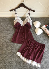V-Neck Silk Eyelash  Camisole  Lingerie Sleepwear Set With Button/Free Shipping
