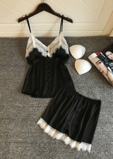 V-Neck Silk Eyelash  Camisole  Lingerie Sleepwear Set With Button/Free Shipping