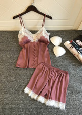 V-Neck Silk Eyelash  Camisole  Lingerie Sleepwear Set With Button/Free Shipping
