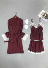 V Neck Silk Eyelash Spaghetti Straps Camisole  Lingerie Sleepwear Set/Free Shipping