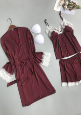 V Neck Silk Eyelash Spaghetti Straps Camisole  Lingerie Sleepwear Set/Free Shipping