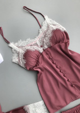 V Neck Silk Eyelash Spaghetti Straps Camisole  Lingerie Sleepwear Set/Free Shipping