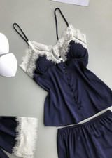 V Neck Silk Eyelash Spaghetti Straps Camisole  Lingerie Sleepwear Set/Free Shipping