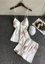 Flamingos Printed V-Neck Silk  Camisole  Lingerie Sleepwear Set/Free Shipping