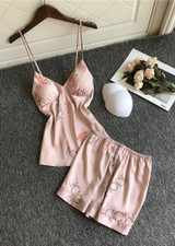 Flamingos Printed V-Neck Silk  Camisole  Lingerie Sleepwear Set/Free Shipping