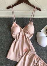 Flamingos Printed V-Neck Silk  Camisole  Lingerie Sleepwear Set/Free Shipping