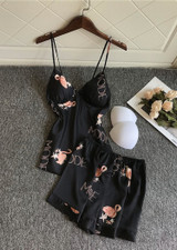 Flamingos Printed V-Neck Silk  Camisole  Lingerie Sleepwear Set/Free Shipping