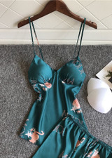 Flamingos Printed V-Neck Silk  Camisole  Lingerie Sleepwear Set/Free Shipping