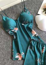 Flamingos Printed V-Neck Silk  Camisole  Lingerie Sleepwear Set/Free Shipping