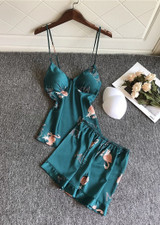 Flamingos Printed V-Neck Silk  Camisole  Lingerie Sleepwear Set/Free Shipping