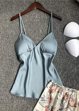 Peony Printed V-Neck Silk Camisole  Lingerie Sleepwear Set/Free Shipping