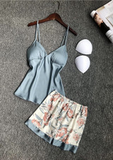 Peony Printed V-Neck Silk Camisole  Lingerie Sleepwear Set/Free Shipping
