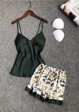 Tropical Leaves Printed V-Neck Silk Camisole  Lingerie Sleepwear Set/Free Shipping