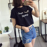 Goodnight Print O-Neck T-Shirt Kawaii Crop Top #JU2787