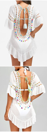 Women Crochet Knitted Open Back Bikini Cover Up