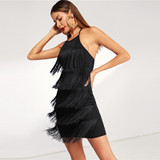 Black Layered Fringe Party Dress