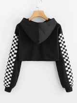 Black Contrast Checkered Crop Hoodie Sweater