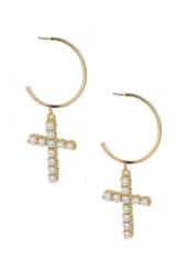 Cross Drop Hoop Earrings in Pearl and Gold