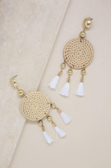 Boho Woven Natural Tassel Earrings in White