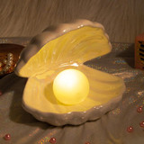 Ceramic Shell Pearl Night Light Mermaid Fairy Bedroom Bedside Lamp Storage Home Decor Gift