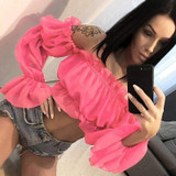 Womens Chiffon Long Puff Sleeve Off Shoulder Crop Tops Blouses Loose Casual BlouseShirt Top