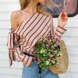 Fashion Women Casual Loose Long Sleeve Shirt Tops Striped  Off Shoulder Blouse Bowknot Blouses