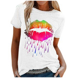 Novelty Women Blouses Casual Colorful Lip Print Short Sleeve O-neck Shirt Blouses Tops Plus Size