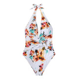 Tie Waist Floral One-piece Swimsuit Sexy Backless Halter Beach Bathing Swimwear Tie Waist Floral One-piece Swimsuit Sexy Backless Halter Beach Bathing Swimwear