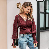 Elegant Buttons Dot Print Women Blouse Ruffle Lantern Sleeve