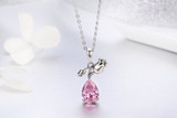 Romantic Rose Flower Pink Water Drop CZ Long Chain Women Pendant Necklace