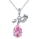 Romantic Rose Flower Pink Water Drop CZ Long Chain Women Pendant Necklace