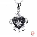 Turtle Heart Mother & Child Zircon Pendant Necklace Sterling Silver
