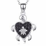 Turtle Heart Mother & Child Zircon Pendant Necklace Sterling Silver