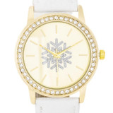 Gold Snowflake Crystal Watch With White Leather Strap