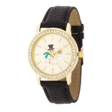 Gold Snowman Crystal Watch With Black Leather Strap