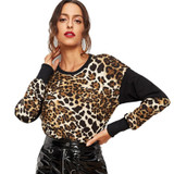 Leopard Color-Block Round Neck Sweater