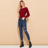 Blue Ripped Roll-Up Skinny Jeans