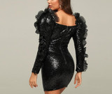 Lace V-Neck Long Puff Sleeve Bodycon Dress