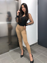 Suede Skinny High-Waist Belt Buckle Pencil Pants