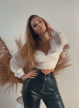 Lantern Sleeve Backless V-Neck Bandage Crop Top