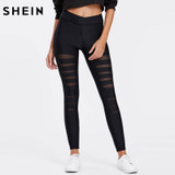 SHEIN Women Mesh Insert Ripped Leggings Mid Waist Casual Summer Spring