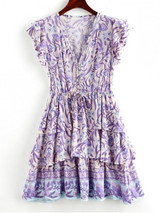 Button Loop Tie Waist Floral Layered Dress
