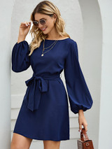 Slim Waist Puff Sleeve Ladies Dress With Belt
