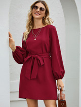 Slim Waist Puff Sleeve Ladies Dress With Belt