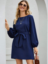 Slim Waist Puff Sleeve Ladies Dress With Belt