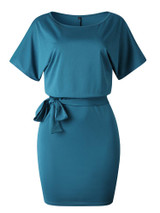 Women's Belted Round Neck Short Sleeve Wrap Dress