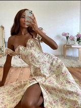 Puff Sleeve One Word Collar Sexy Slit Printed Midi Nap Dress