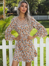 Bell Sleeve V Neck Stitching Lace Floral Dress