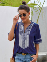 Womens Casual V Neck Shirt Embroidered Print Short/Long Sleeve Tops Loose Blouse