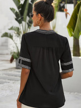 Womens Casual V Neck Shirt Embroidered Print Short/Long Sleeve Tops Loose Blouse